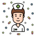 Smiling kind nurse black outline with pills background