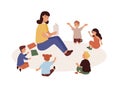 Smiling kindergarten teacher and kids flat vector illustration. Woman tutor and preschoolers reading in nursery