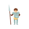 Smiling knight with spear and helmet in hands. Royal warrior in metal armor. Brave medieval soldier. Flat vector design