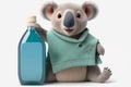 Smiling koala with a blank cleaning product bottle. Generative AI