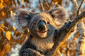Smiling Koala Clinging to Tree Branch in Golden Hour Light, Australian Wildlife in Natural Habitat