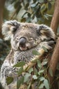 Smiling Koala Resting on a Eucalyptus Tree with Golden Lights, Peaceful Australian Wildlife Scene Royalty Free Stock Photo