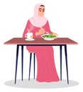 Smiling lady eating healthy salad semi flat RGB color vector illustration Royalty Free Stock Photo