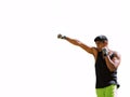 smiling latin male boxer throwing a punch on a white background