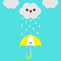 Smiling laughing umbrella. Cute cartoon kawaii cloud with rain drops. Showing tongue emotion. Eyes and mouth. Isolated. Blue sky b