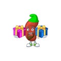 A smiling leaf human kidney cartoon design having Christmas gifts