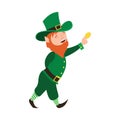 Smiling leprechaun holds coin in his hand.