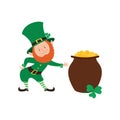 Smiling leprechaun and pot of gold.