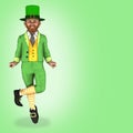 Smiling Leprechaun, wearing a green hat and costume, doing an Irish style dance