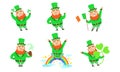 Smiling Leprechauns Set, Funny St Patricks Day Cartoon Character in Different Situations Vector Illustration