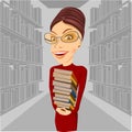 Smiling librarian with glasses holding books