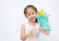 Smiling little Asian child girl hand wear and playing Rhinoceros puppets on white background. Educations concept