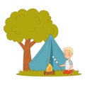 Smiling Little Blond Boy Enjoying Summer Sitting at Tent Near Campfire Frying Marshmallow Vector Illustration