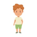 Smiling Little Boy Character in Green Shorts in Standing Pose with Hand in Pocket Front View Vector Illustration