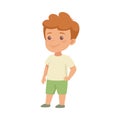 Smiling Little Boy Character in Green Shorts in Standing Pose with Hand in Pocket Side View Vector Illustration