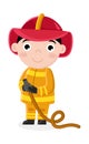 Smiling little boy in fireman uniform with hose Royalty Free Stock Photo