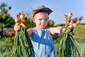 Smiling little boy with freshly harvested onions Royalty Free Stock Photo