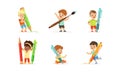 Smiling Little Boy and Girl with Big Pen, Pencil and Paintbrush Vector Set Royalty Free Stock Photo