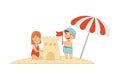 Smiling Little Boy and Girl Enjoying Summer Building Sand Castle on Beach Vector Illustration Royalty Free Stock Photo