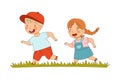 Smiling Little Boy and Girl Enjoying Summer Running on Grass Playing Catch up Game Vector Illustration Royalty Free Stock Photo