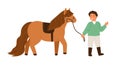 Smiling little boy walking with pony holding bridle vector flat illustration. Happy male child spending time with cute