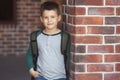 Smiling little boy 6-7 years old goes to school in casual clothes and backpack Royalty Free Stock Photo