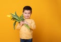 Smiling little boy on yellow studio background. Cheerful happy child with tulips flower bouquet Royalty Free Stock Photo