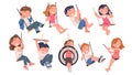 Smiling little boys and girls swinging on swing set. Happy children having fun outdoors cartoon vector illustration