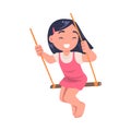 Smiling little brunette girl swinging on swing. Happy child having fun cartoon vector illustration i Royalty Free Stock Photo
