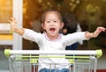 Smiling little child girl sitting in the trolley during family shopping in the market Royalty Free Stock Photo