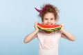 Smiling little curly girl holding with hands a large slice of watermelon, try to bite, isolated on a blue background. Royalty Free Stock Photo
