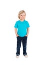 Smiling little girl in blue t-shirt isolated on a white Royalty Free Stock Photo