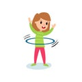 Smiling little girl character spinning a hula hoop around the waist, kids physical activity cartoon vector Illustration