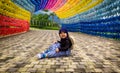 smiling little girl in the colorful hallway