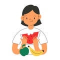 Smiling girl eating watermelon, child holding a slice of watermelon, eating sweet fruit, vector illustration isolated on Royalty Free Stock Photo