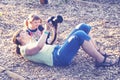 Smiling little girl with her happy mother are make photo Royalty Free Stock Photo