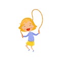 Smiling little girl jumping with skipping rope, cute cartoon character vector Illustration on a white background Royalty Free Stock Photo
