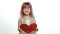 Child girl princess holds red paper heart with text about mother. Mother`s day Royalty Free Stock Photo