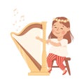 Smiling Little Girl Sitting on Chair and Playing Harp Musical Instrument Performing on Stage Vector Illustration