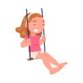 Smiling little girl swinging on swing. Happy child having fun cartoon vector illustration Royalty Free Stock Photo