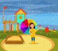 Smiling little girl in yellow raincoat walking with rainbow umbrella on playground in rainy day vector ilustration Royalty Free Stock Photo