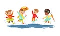 Smiling Little Kids Jumping in a Puddle in Rainy Day Vector Illustration Royalty Free Stock Photo