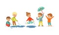 Smiling Little Kids Jumping and Sailing Toy Boats Vector Illustration Royalty Free Stock Photo