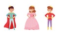 Smiling Little Prince and Princess Wearing Crown and Dressy Look Garments Vector Illustrations Set