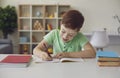 Smiling little schoolboy doing homework sitting at a desk in his bright room. Royalty Free Stock Photo
