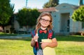 Smiling little school student wit backpack book. Portrait of happy young boy outside the primary school. Closeup face of Royalty Free Stock Photo