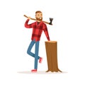 Smiling lumberjack with an axe and downed log colorful character vector Illustration Royalty Free Stock Photo