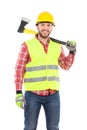 Smiling lumberjack with an axe on the shoulder