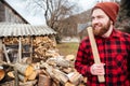 Smiling lumberjack holding axe