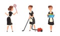 Smiling Maid or Housemaid in Black Dress and White Apron Doing Laundry and Vacuum Cleaning Vector Set